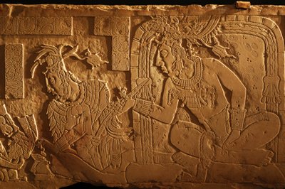 Temple 21 throne bench, carving of King Akhal Mo Nab, Palenque, Mexico, 2005 (photo) by Kenneth Garrett