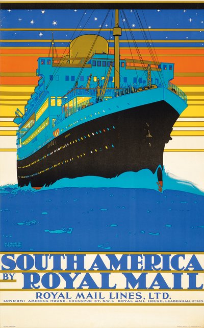 Poster advertising South America by Royal Mail Lines by Kenneth Shoesmith