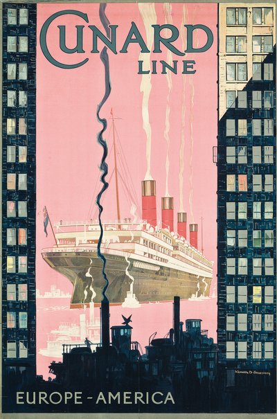 Poster advertising travel from Europe to America with shipping company Cunard Line, c. 1925 by Kenneth Shoesmith