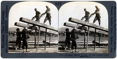 Chinese Men Sawing Timber for the Japanese Army, Manchuria, Russo-Japanese War, 1904-1905 by Keystone View Company
