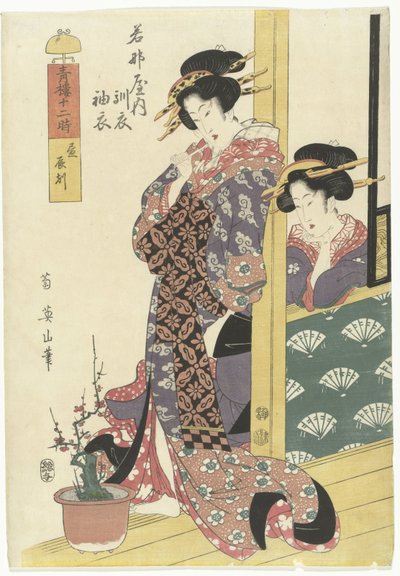 Courtesans Looking at Bonsai Tree (series title: The Twelve Hours in the Pleasure Quarters, Seiro juni toki) by Kikugawa Eizan