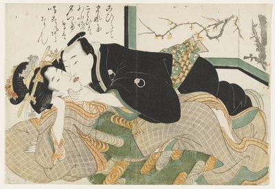 Courtesan and a Man Kissing by Kikukawa Eizan