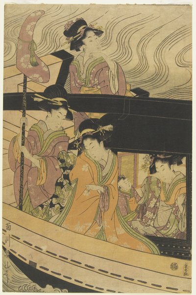 Four Courtesans and an Attendant Girl on Boat by Kikukawa Eizan