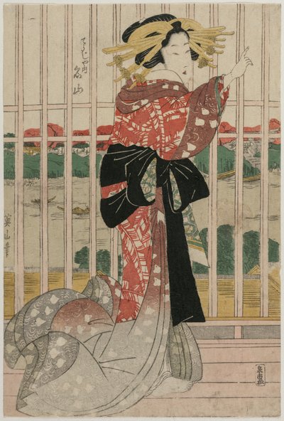 The Courtesan Meizan of the Chojiya on a Balcony Overlooking the Sumida River by Kikukawa Eizan
