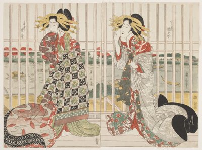 The Courtesans Hinaya and Karauta Behind the Barred Window of Chojiya House by Sumida River in the Cherry Blossom Season by Kikukawa Eizan
