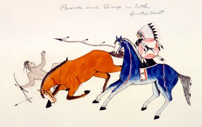 Unhorsing of a Pawnee warrior by Dakota Sioux warrior Zintka Mato Dog Bear by Kills Two