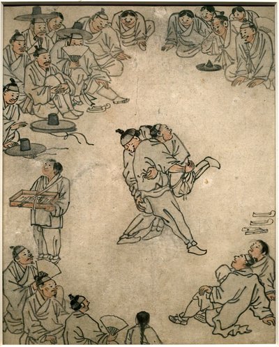 Scene of Traditional Wrestling, with Spectators and a Confectionery Seller by Kim Hong Do