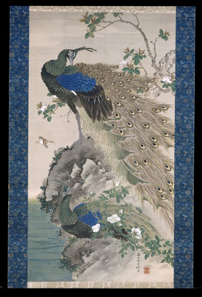 Cherry-Apple And Peacocks On Rock by Kishi Ganku