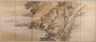 Six-Fold Screen Depicting a Drinking Tiger by Kishi Ganku