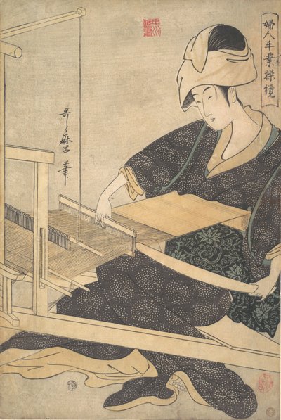 A Woman Weaving, Seated at a Hand Loom by Kitagawa Utamaro