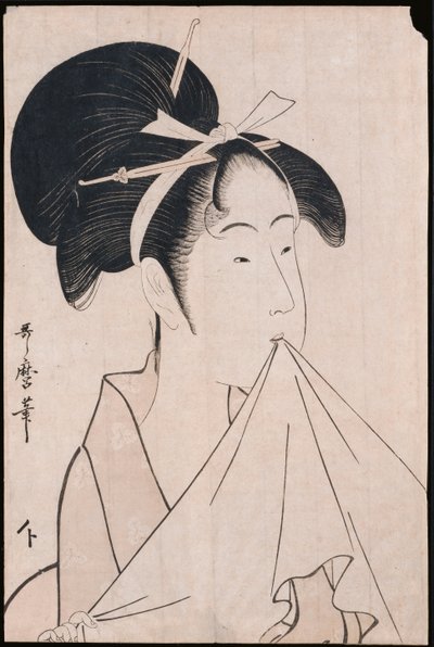 A bust portrait of Okita of the Naniwaya holding a hand towel in her teeth and stretching the cloth by Kitagawa Utamaro