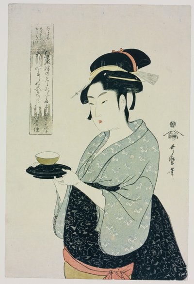 A Half Length Portrait of Naniwaya Okita, Depicting the Famous Teahouse Waitress Serving a Cup of Tea by Kitagawa Utamaro
