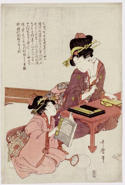 A Young Woman Seated at a Desk, Writing, a Girl with a Book Looks On by Kitagawa Utamaro