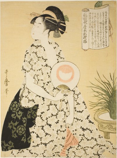 Beauty Wearing a Summer Kimono, from the series "New Patterns of Brocade Woven in Utamaro Style" by Kitagawa Utamaro