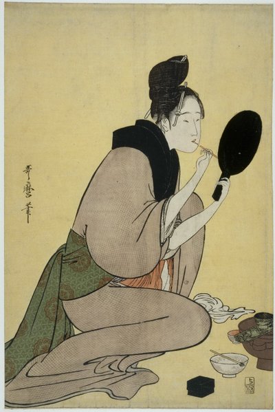 Bijin-ga. Girl Applying Makeup to Her Lips by Kitagawa Utamaro