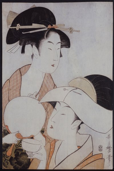 Bust Portrait of Two Women, One Holding a Fan, the Other with a Head Cover Holding a Tea Cup by Kitagawa Utamaro