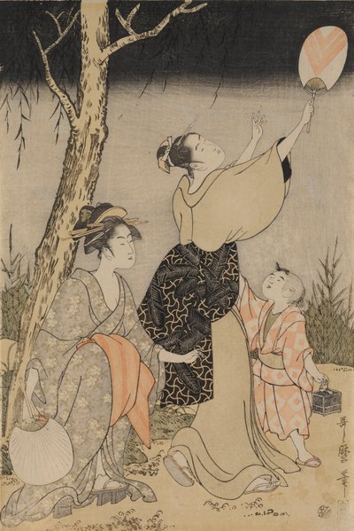 Catching Fireflies Beneath a Willow Tree (left) by Kitagawa Utamaro
