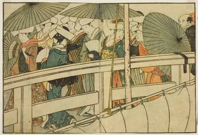 Crossing a Bridge in Summer, from the illustrated book "Picture Book: Flowers of the Four Seasons" by Kitagawa Utamaro