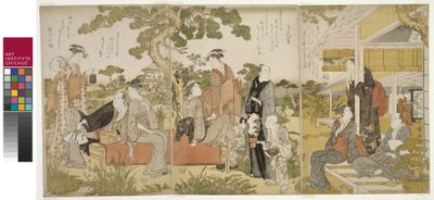 Enjoying the Cool in a Garden, Oban Triptych, c.1788-90 by Kitagawa Utamaro