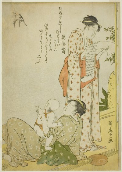 Evening Cool on the Verandah: Genre scenes with kyoka poems, in aiban format by Kitagawa Utamaro