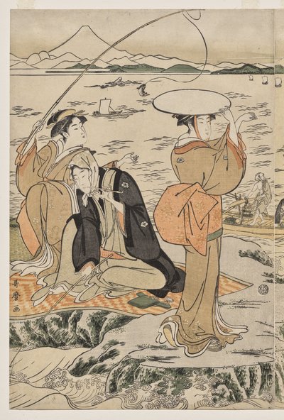 Fishing on the Chopping Board Rock at Enoshima by Kitagawa Utamaro