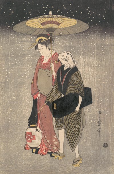 Geisha Walking through the Snow at Night by Kitagawa Utamaro