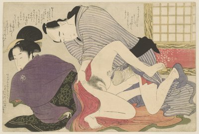 Geisha and Lover by Freestanding Screen (Negai no itoguchi) by Kitagawa Utamaro