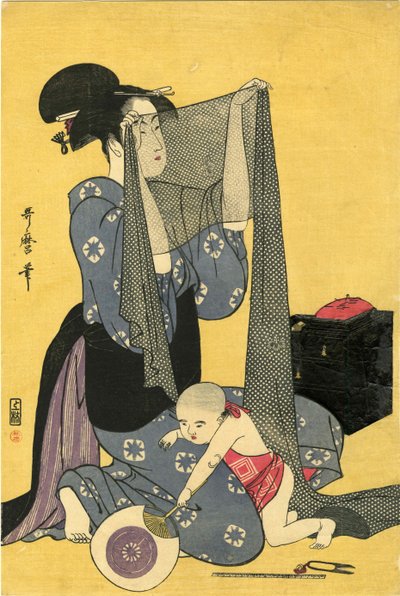 Hari-shigoto Needlework (Triptych, Left Part) by Kitagawa Utamaro