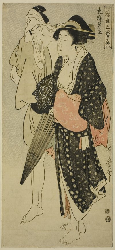 Husband and Wife Caught in an Evening Shower, from the series "Three Evening Pleasures of the Floating World" by Kitagawa Utamaro