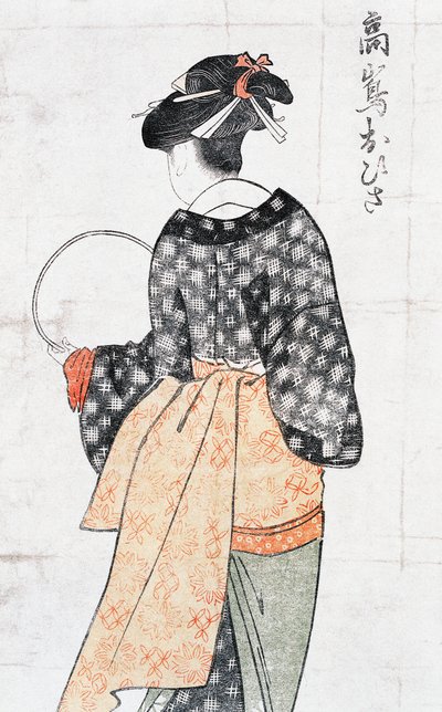 Ohisa from Takashima teahouse, woman in kimono with fan, ukiyo-e art print, Japanese civilization, Edo period by Kitagawa Utamaro