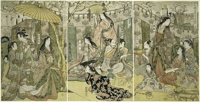Picture of Hideyoshi and his Five Wives Viewing Cherry Blossoms at Higashiyama by Kitagawa Utamaro