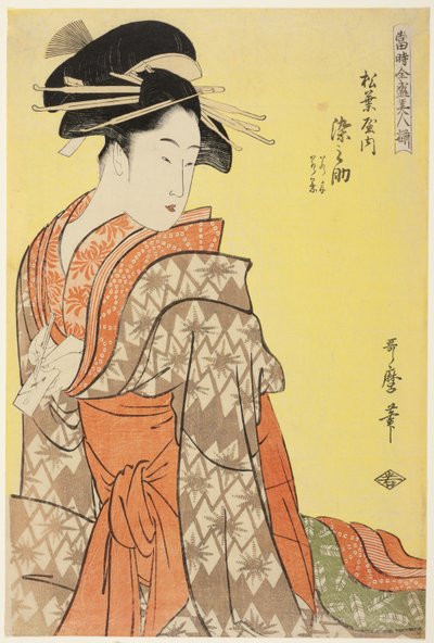Somenosuke of the Matsubaya, [whose attendants are] Wakagi, Wakaba (Matsubaya uchi Somenosuke, Wakagi, Wakaba) from the series "Array of Supreme Beauties of the Present Day" ("Toji zensei bijin-zoroe") by Kitagawa Utamaro