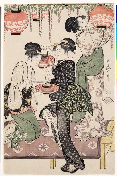 Teahouse girls under a wistaria espalier by Kitagawa Utamaro