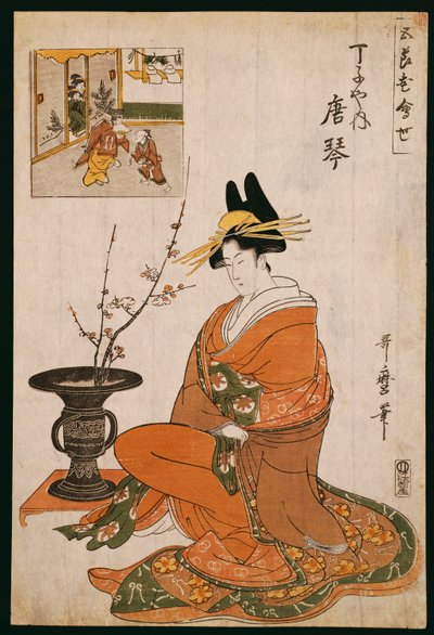 The Courtesan, Karakoto of the Chojiya, Seated by an Arrangement of Plum Flowers by Kitagawa Utamaro
