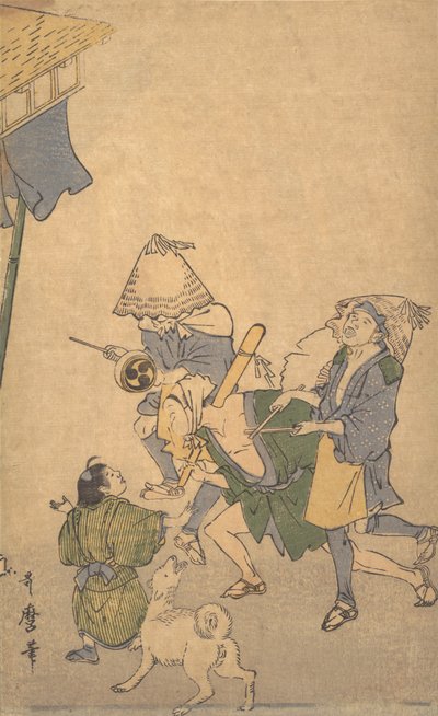 Three Revelers of the Lower Classes, Wearing Komuso Hats..., late 18th-early 19th century by Kitagawa Utamaro