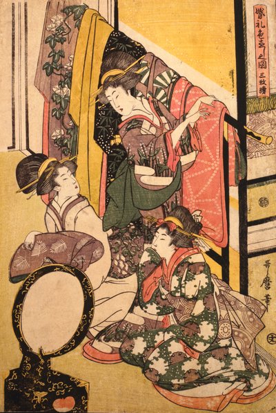 Three Girls in a Clothes Shop by Kitagawa Utamaro