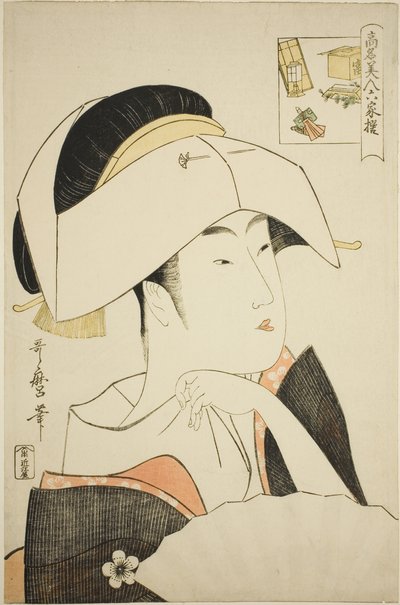 Tomimoto Toyohina, from the series Renowned Beauties Likened to the Six Immortal Poets (picture-riddle) by Kitagawa Utamaro