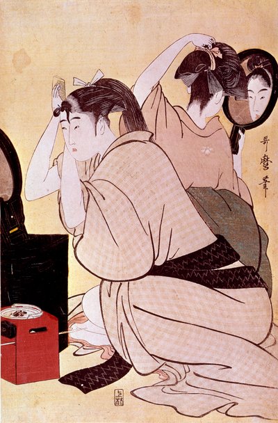 Two women have their hairstyles: one looks at herself in the mirror while the other combs. Japanese print by Utamaro Kitagawa. 1794-1795. Paris, Guimet Museum, National Museum of Asian Arts by Kitagawa Utamaro
