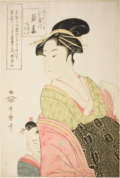 Wakaume of the Tamaya in Edo-cho itchome, and her child attendants Mumeno and Iroka by Kitagawa Utamaro