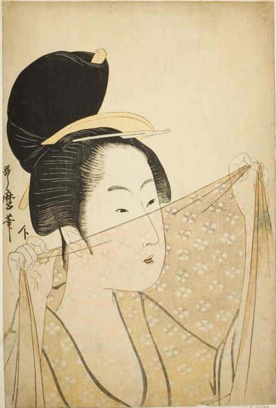 Woman Holding up a Piece of Fabric by Kitagawa Utamaro