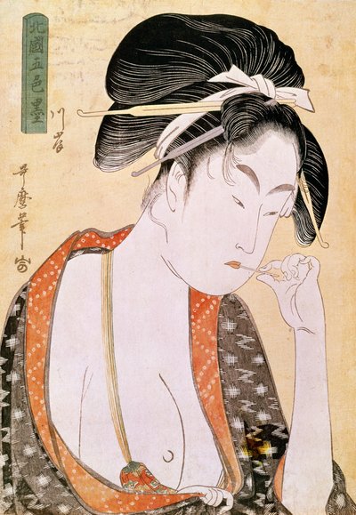Woman craving the lips by Kitagawa Utamaro