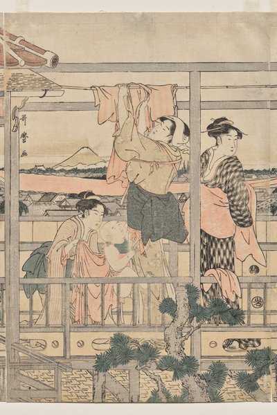 Women Hanging Laundry to Dry on a Balcony by Kitagawa Utamaro