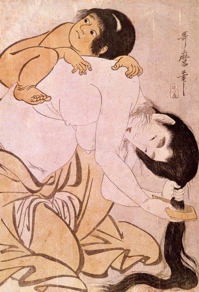 Yamauba and Kintoki. The mother combs her hair while carrying her child on her back. Japanese print by Utamaro Kitagawa. 18th century. Paris, Guimet Museum, Asian Arts Museum by Kitagawa Utamaro