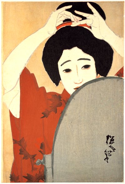 Woman Adjusting Her Hair in Front of the Mirror, 1930 by Kitano Tsunetoni