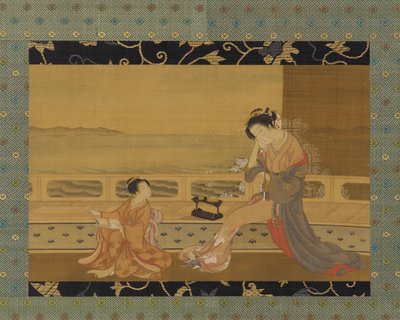 Two girls on a balcony overlooking the sea by Kitao Shigemasa