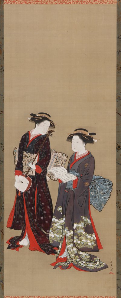 Two girls standing, one holding an open book by Kitao Shigemasa