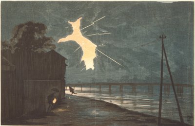 Thunder and Lightning over the Onmaya Bridge by Kiyochika Kobayashi