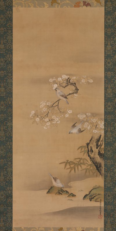 Waxwings, Cherry Blossoms, and Bamboo, late 17th century by Kiyohara Yukinobu