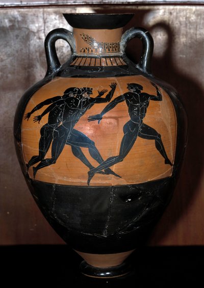 Greek Art: Panathenaic Ceramic Amphora with Black Figures Representing Athletes Running by Kleophrades Painter (fl.500 475 BC)