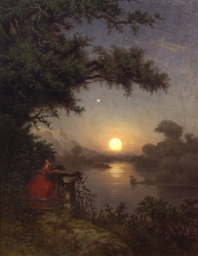 Woman on the terrace looking at the moon by Knud Andreassen Baade